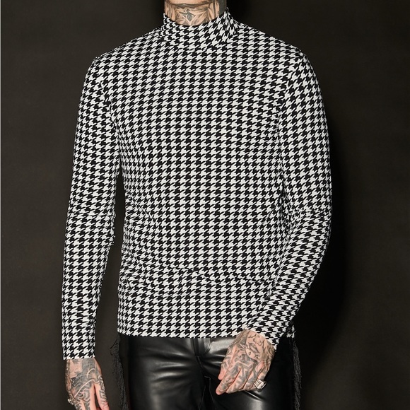 Homme Men’s Mock Neck Houndstooth Tee - Picture 2 of 4